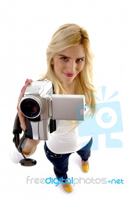 Woman With Camcorder Stock Photo