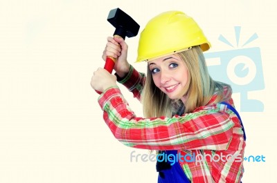 Woman With Hammer Stock Photo