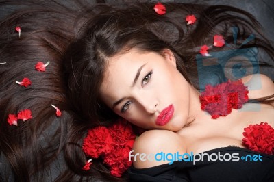 Woman With Long Hair And Carnations Stock Photo