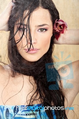 Woman With Long Hair In Tropical Environment Stock Photo