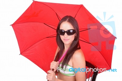 Woman With Red Umbrella Stock Photo