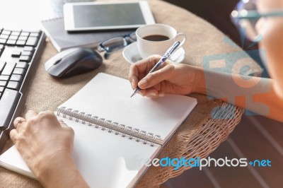Woman Writing Shot Memories Note On White Paper With Relaxing Time And Emotion Stock Photo
