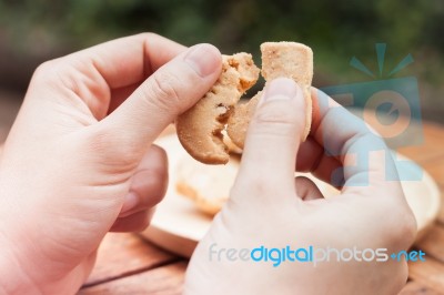 Woman's Hand Holding  Cashew Cookies Stock Photo