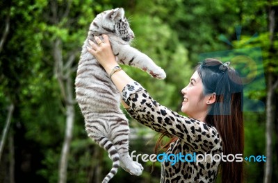 Women Hold Baby White Bengal Tiger Stock Photo Women Hold Baby White Bengal Tiger Stock Photo