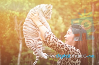 Women Hold Baby White Bengal Tiger Stock Photo Women Hold Baby White Bengal Tiger Stock Photo