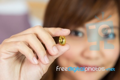 Women Show The Pill For Healthy In Horizontal Stock Photo