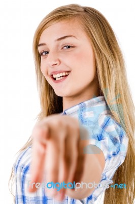 Women Smiling And Pointing At The Camera Stock Photo