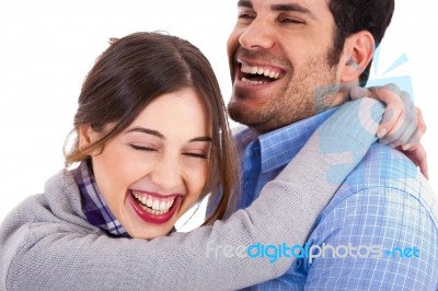Women Smiling On His Boyfriend Shoulders Stock Photo