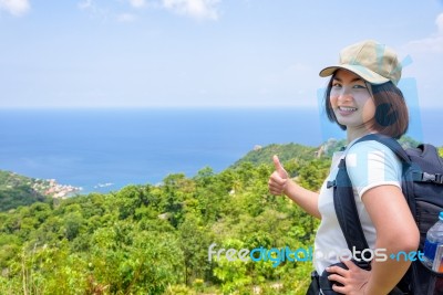 Women Tourist On Viewpoint At Koh Tao Stock Photo