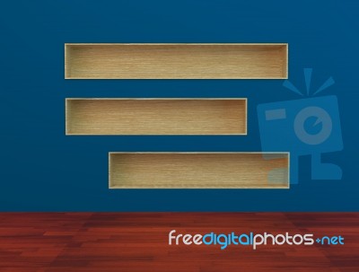 Wood Book Shelf Built-in  Wall On Blue Background Stock Image