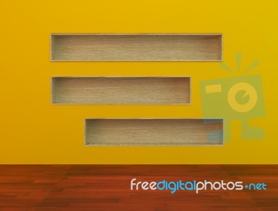 Wood Book Shelf Built-in  Wall On Yellow Background Stock Image