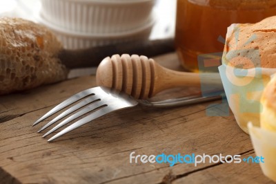 Wood Honey Fork Still Life Soft Cheese Cake Closeup Stock Photo