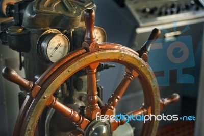 Wood Steering Wheel In Big Ship Stock Photo