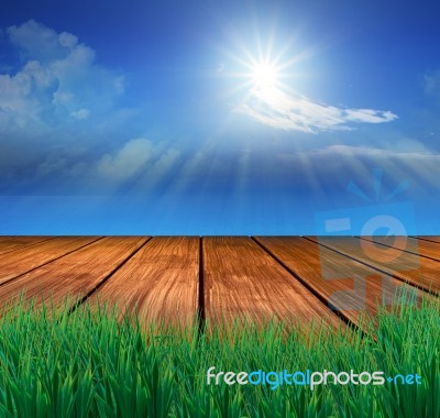 Wood Terrace And Sun Shining Stock Photo
