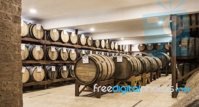 Wooden Barrels Deposit For Brazilian Cachaca Sugarcane Liquor Ag… Stock Photo