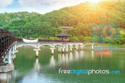 Wooden Bridge Or Wolyeonggyo Bridge In Andong,korea Stock Photo