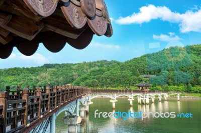Wooden Bridge Or Wolyeonggyo Bridge In Andong,korea Stock Photo Wooden Bridge Or Wolyeonggyo Bridge In Andong,korea Stock Photo