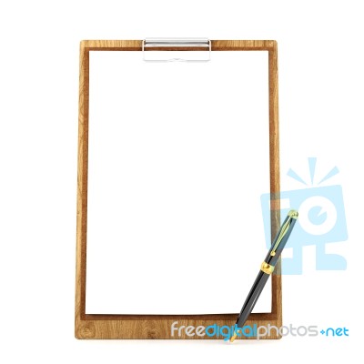 Wooden Clipboard With Blank Papers And Ballpoint Pen With Copy Space For Mock Up Isolated On White Background Stock Image