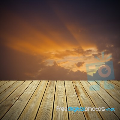 Wooden Deck Floor And  Sunbeams Stock Photo