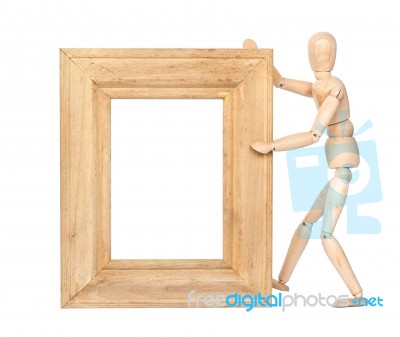 Wooden Figure Hold Blank Square Wooden Frame Stock Photo Wooden Figure Hold Blank Square Wooden Frame Stock Photo