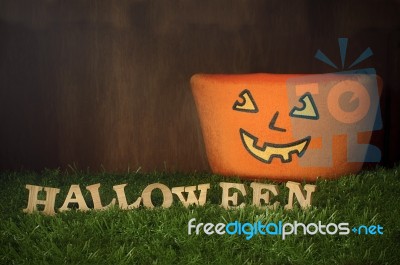 Wooden Halloween Words On Grass Background Stock Photo