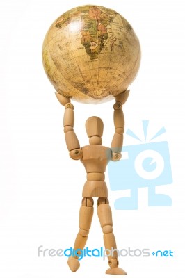 Wooden Human Model Hold The World Isolated On White Background Stock Photo