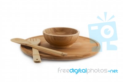 Wooden Plate, Bowl, Spoon And Fork Isolated On White Background Bamboo Top View Stock Photo