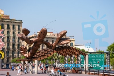 Wooden Sculpture Of A Lobster In Barcelona Stock Photo