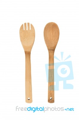 Wooden Spoon And Fork Isolated On White Background Bamboo Stock Photo