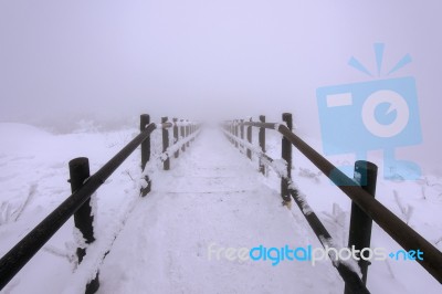 Wooden Stairs On A Hillside In Winter. Deogyusan Mountains In South Korea Stock Photo