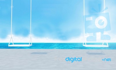 Wooden Swing With Beach Lounge Sea View And Blue Sky-3d Renderin… Stock Image