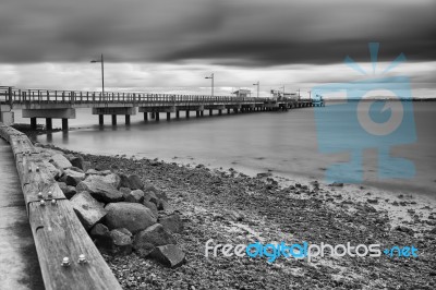 Woody Point Jetty. Black And White Stock Photo