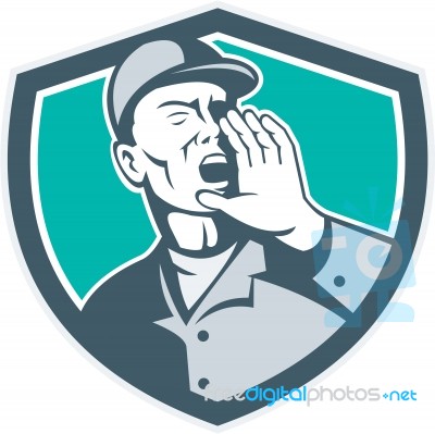 Worker Shouting With Hand In Mouth Shield Stock Image