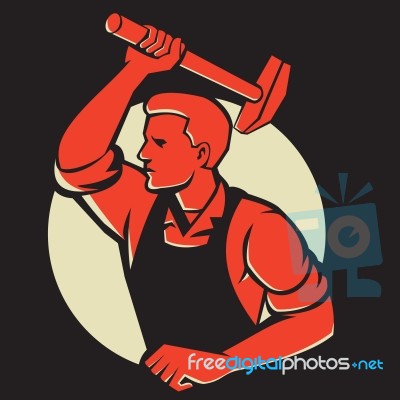 Worker With Hammer Striking Retro Stock Image