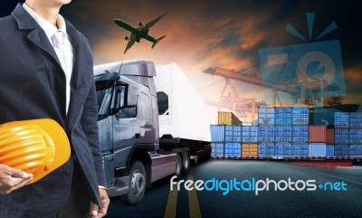 Working Man And Container Truck ,ship In Port And Freight Cargo Plane In Transport And Import-export Commercial Logistic ,shipping Business Industry Stock Photo