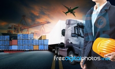 Working Man And Container Truck ,ship In Port And Freight Cargo Plane In Transport And Import-export Commercial Logistic ,shipping Business Industry Stock Photo