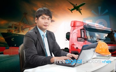 Working Man In All In One Import Export Transportation Logistic Business Stock Photo