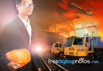 Working Man In Ship Yard And Transprtation Industry Stock Photo