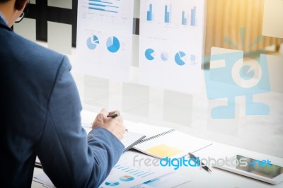 Working Process Startup. Businessman Working At The Wood Table W… Stock Photo
