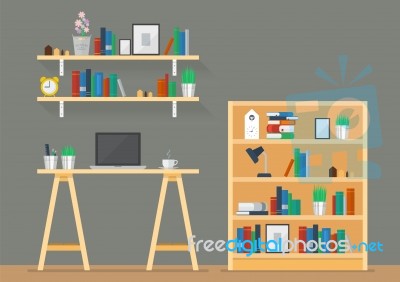 Working Space With Bookshelves In Flat Style Stock Image