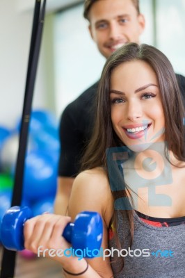 Workout With Couch At Fitness Club Stock Photo