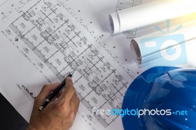 Workplace Of Architect - Architect Rolls And Plans.architectural… Stock Photo