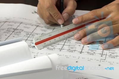 Workplace Of Architect - Architect Rolls And Plans.architectural… Stock Photo