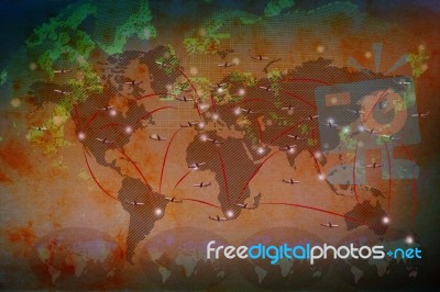 World Map And Air Plane Flying Over Globe Stock Photo