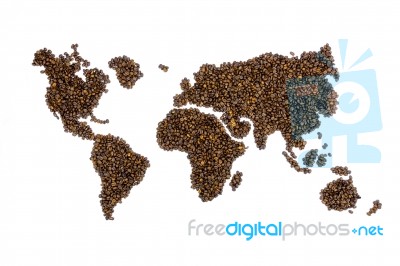 World Map Filled With Coffee Beans Stock Photo