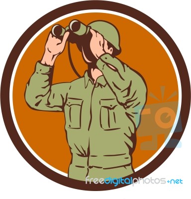 World War Two American Soldier Binoculars Retro Circle Stock Image