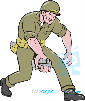 World War Two Soldier American Grenade Cartoon Stock Image
