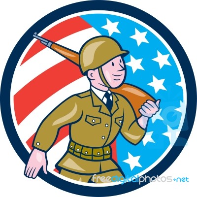 World War Two Soldier American Marching Cartoon Circle Stock Image