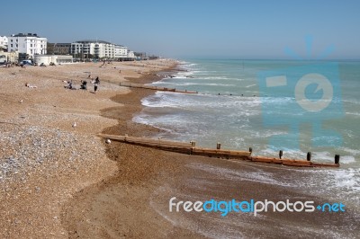 Worthing, West Sussex/uk - April 20 : View Of Worthing Beach In Stock Photo