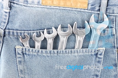 Wrenches package in engineer pocket . Stock Photo